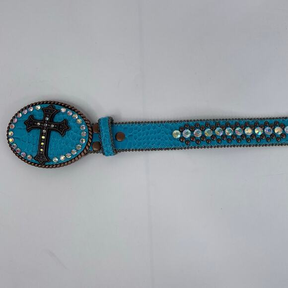 Women's Blue Leather Western Studded Belt and Buckle crosses ML - Picture 3 of 10